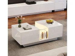Mesa De Centro*Merax Mesa de centro moderna - 100 x 50 x 35 cm - com LEDs + 2 gavetas - tampo de acrílico - MDF - Branco