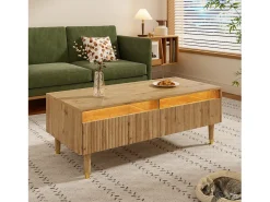 Mesa De Centro|Merax Mesa de centro moderna - 110 x 50 x 40 cm - com 2 gavetas + LEDs - MDF - natural Natural claro