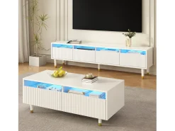 Merax Mesa de centro moderna - 110 x 50 x 40 cm - com 2 gavetas + LEDs - MDF - branca^ Mesa De Centro