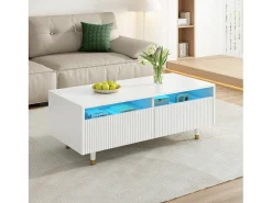 Merax Mesa de centro moderna - 110 x 50 x 40 cm - com 2 gavetas + LEDs - MDF - branca^ Mesa De Centro