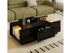 Mesa De Centro*Merax Mesa de centro moderna - 105 x 50 x 35 cm - com 2 gavetas + LEDs - tampo de vidro - aglomerado - Preto