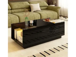 Mesa De Centro*Merax Mesa de centro moderna - 105 x 50 x 35 cm - com 2 gavetas + LEDs - tampo de vidro - aglomerado - Preto