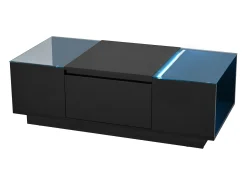 ModernLuxe Mesa de centro moderna 105×50×35 cm - tampo de vidro - com iluminação LED - 2 gavetas - prateleiras abertas -^ Mesa De Centro