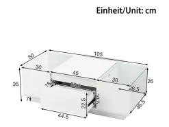 Mesa De Centro|ModernLuxe Mesa de centro moderna 105×50×35 cm - tampo de vidro - com iluminação LED - 2 gavetas - prateleiras abertas - Branco