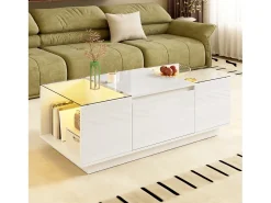 Mesa De Centro|ModernLuxe Mesa de centro moderna 105×50×35 cm - tampo de vidro - com iluminação LED - 2 gavetas - prateleiras abertas - Branco