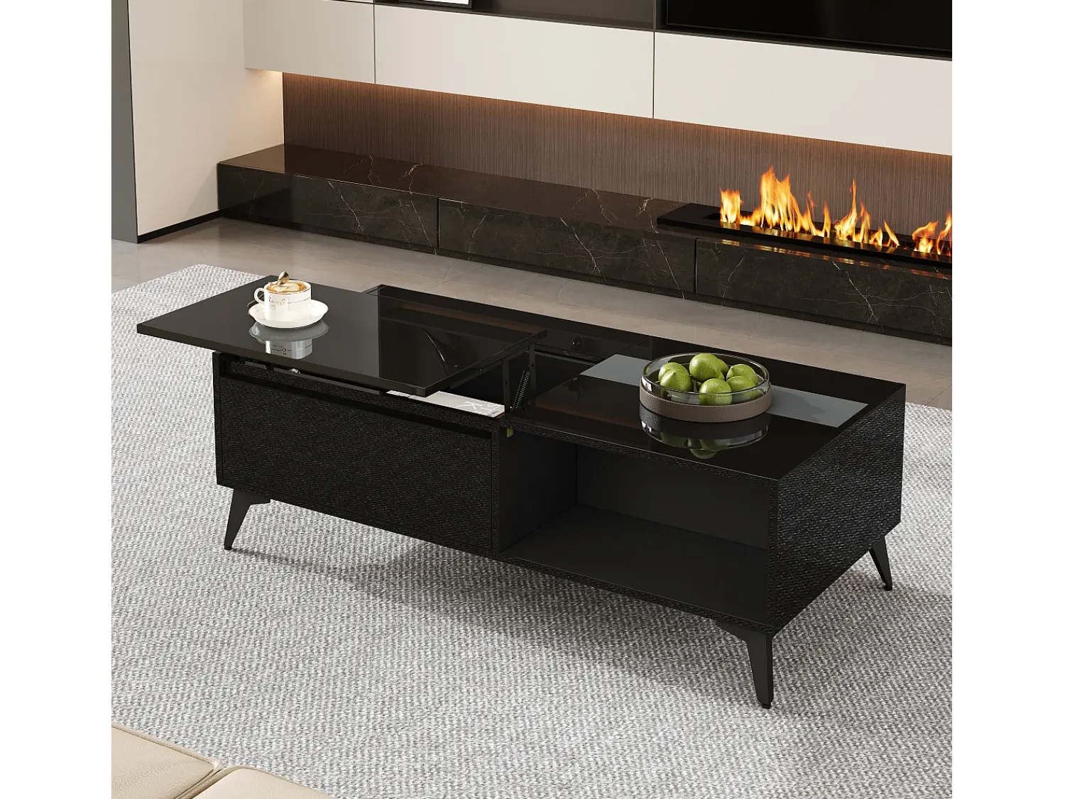 Mesa De Centro|ModernLuxe Mesa de centro moderna ajustável em altura 110x50x48 cm - com compartimento de armazenamento - Prateleiras abertas - Preto