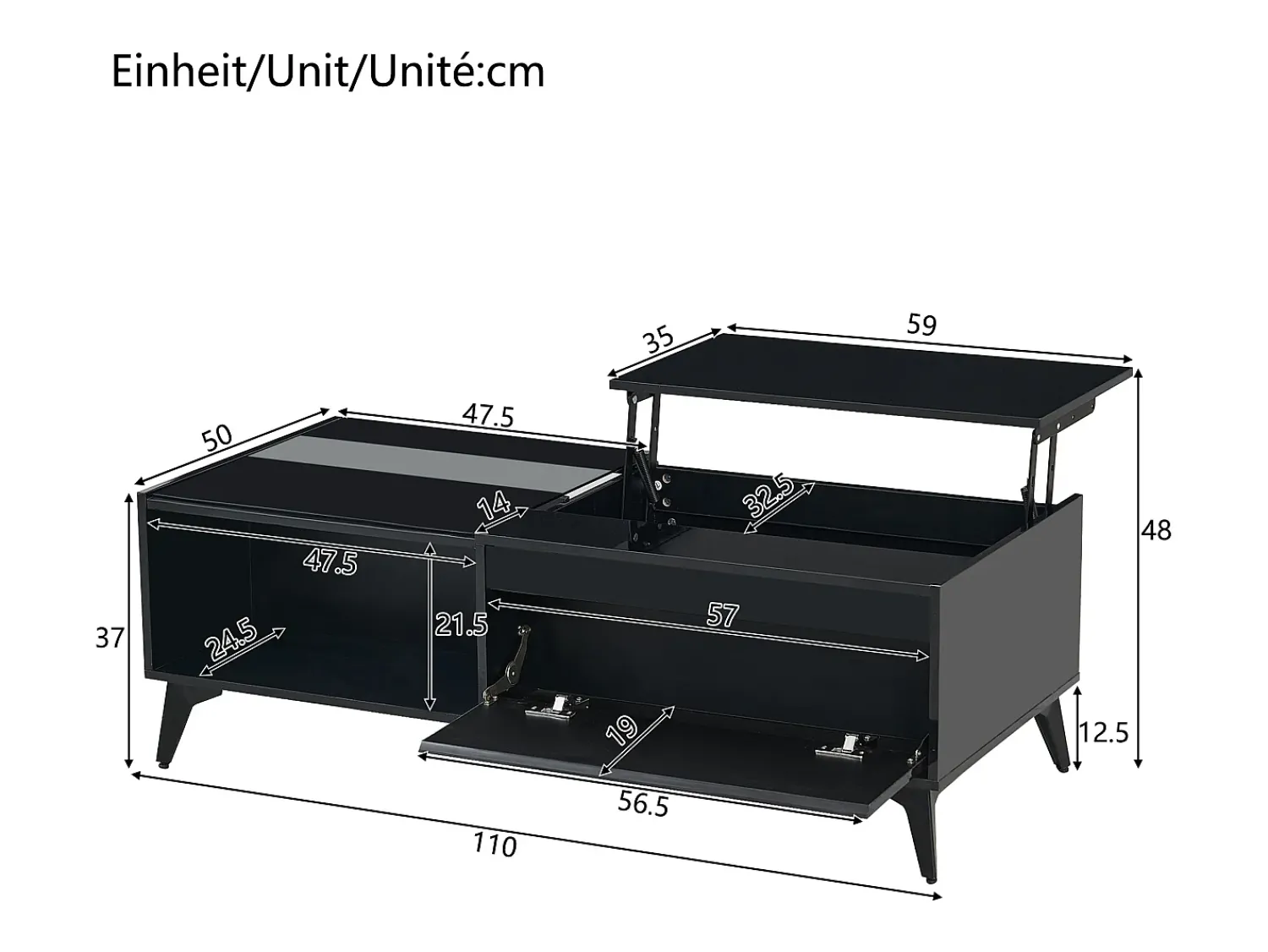 Mesa De Centro|ModernLuxe Mesa de centro moderna ajustável em altura 110x50x48 cm - com compartimento de armazenamento - Prateleiras abertas - Preto