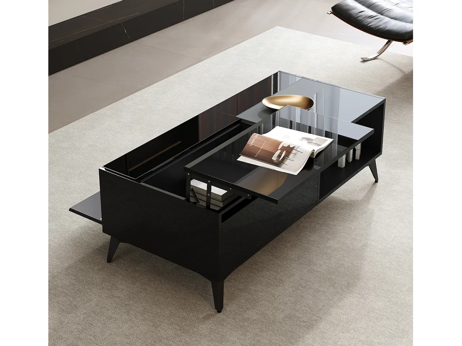 Mesa De Centro|ModernLuxe Mesa de centro moderna ajustável em altura 110x50x48 cm - com compartimento de armazenamento - Prateleiras abertas - Preto