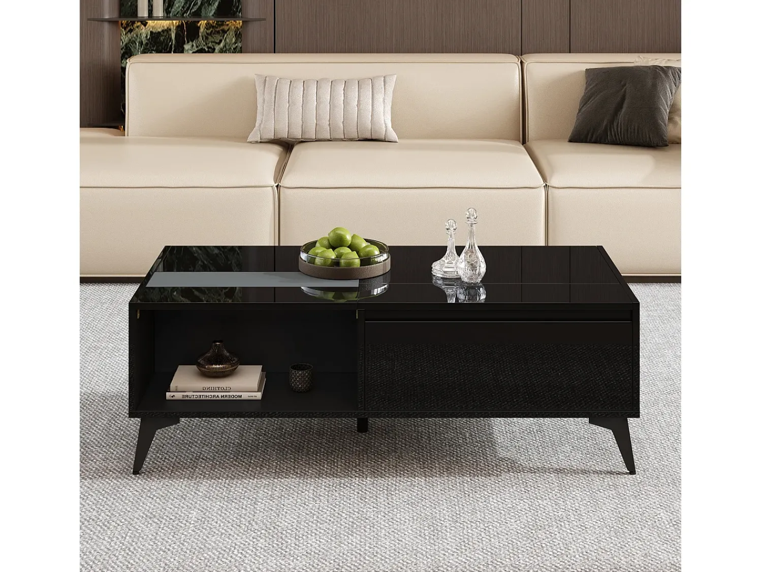 Mesa De Centro|ModernLuxe Mesa de centro moderna ajustável em altura 110x50x48 cm - com compartimento de armazenamento - Prateleiras abertas - Preto