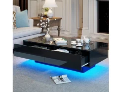 Mesa De Centro* Mesa de Centro Moderna Brilhante - Mesa de Centro com 2 Gavetas e Iluminação LED - Preto