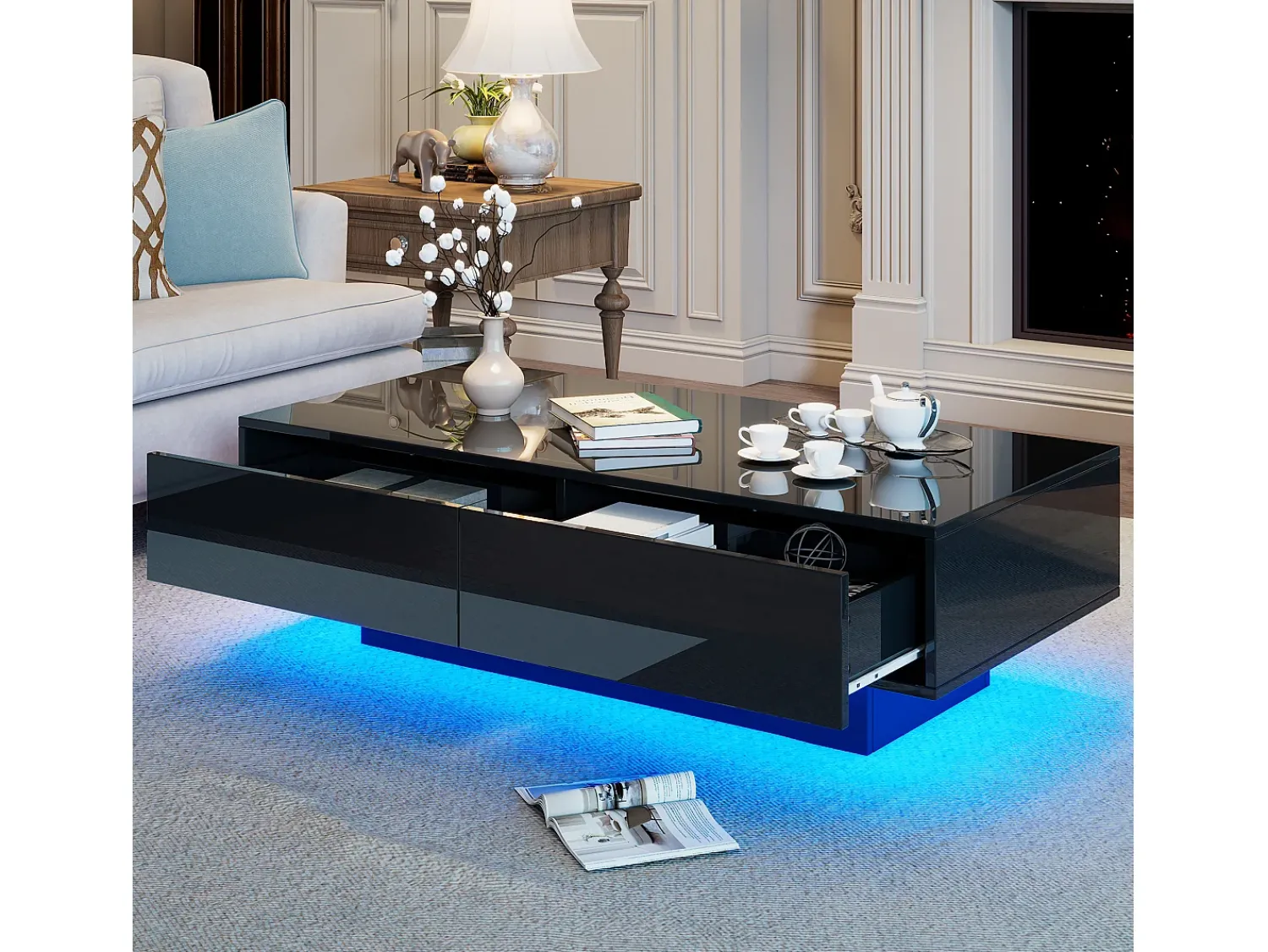 Mesa De Centro* Mesa de Centro Moderna Brilhante - Mesa de Centro com 2 Gavetas e Iluminação LED - Preto