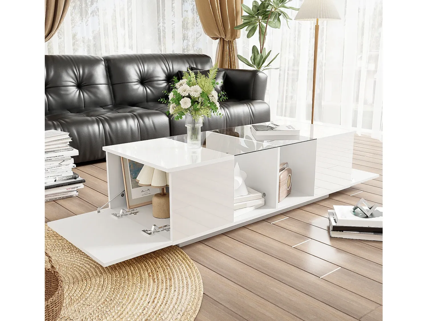 Mesa De Centro* Mesa de centro moderna branca com iluminação LED, duas portas de armário e amplo espaço de armazenamento. Branco