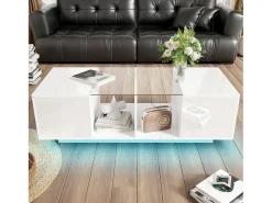 Mesa De Centro* Mesa de centro moderna branca com iluminação LED, duas portas de armário e amplo espaço de armazenamento. Branco