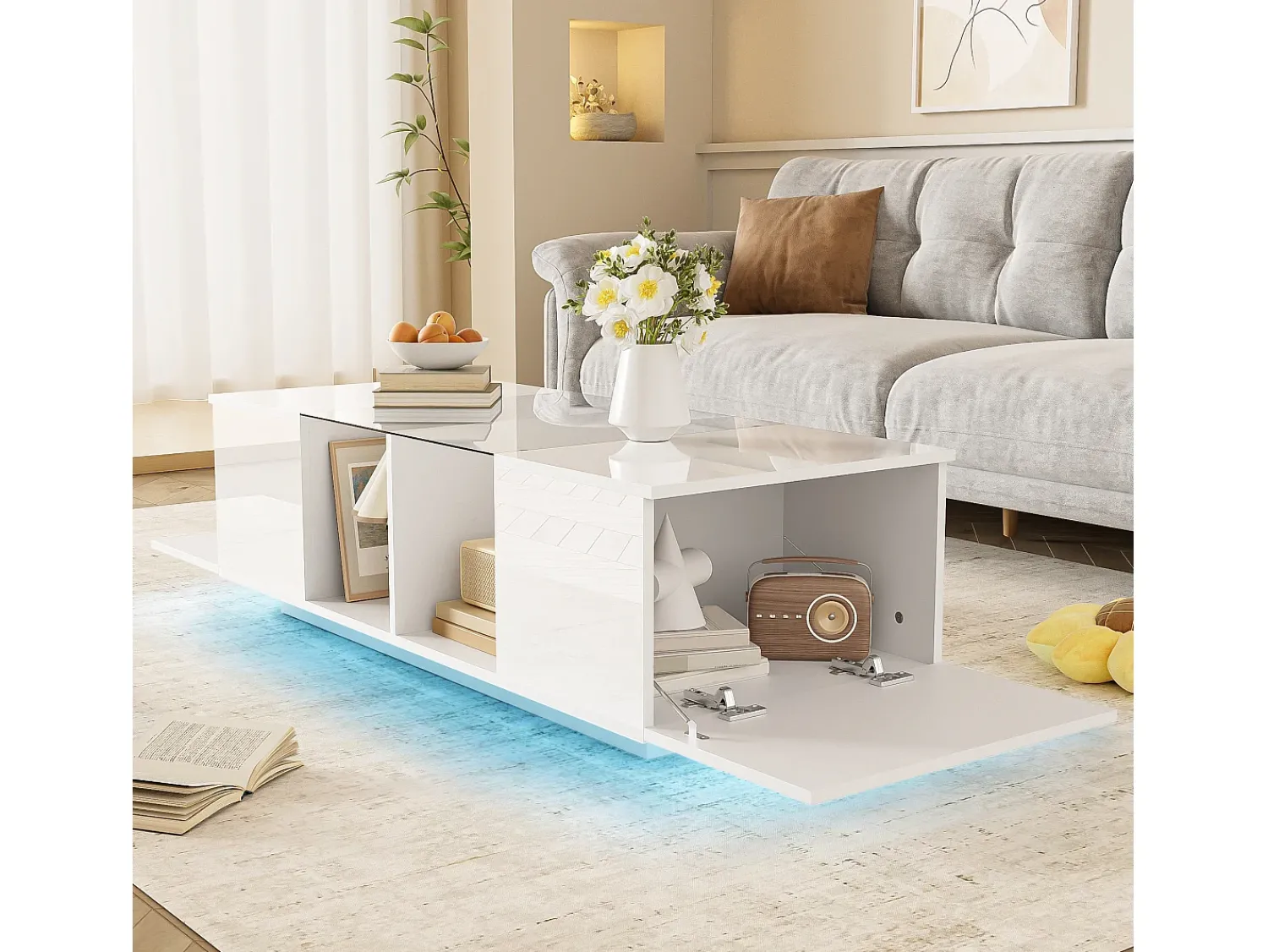 Mesa De Centro* Mesa de centro moderna branca com iluminação LED, duas portas de armário e amplo espaço de armazenamento. Branco