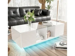 Mesa De Centro* Mesa de centro moderna branca com iluminação LED, duas portas de armário e amplo espaço de armazenamento. Branco
