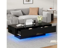 Mesa De Centro|Hauss Spole Mesa de centro moderna com acabamento lacado brilhante, iluminação LED e 2 gavetas - Preta Preto