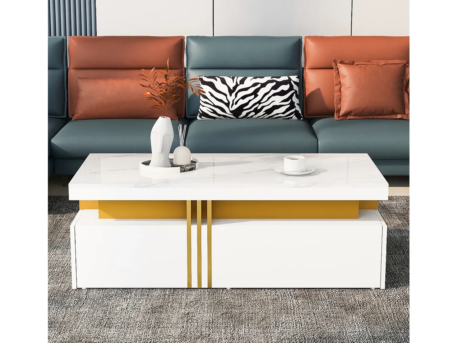 Mesa De Centro|Hauss Spole Mesa de centro moderna com 2 gavetas em folheado de mármore , bordas laterais em metal dourado Branco