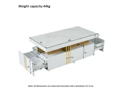 Mesa De Centro|Hauss Spole Mesa de centro moderna com 2 gavetas em folheado de mármore , bordas laterais em metal dourado Branco