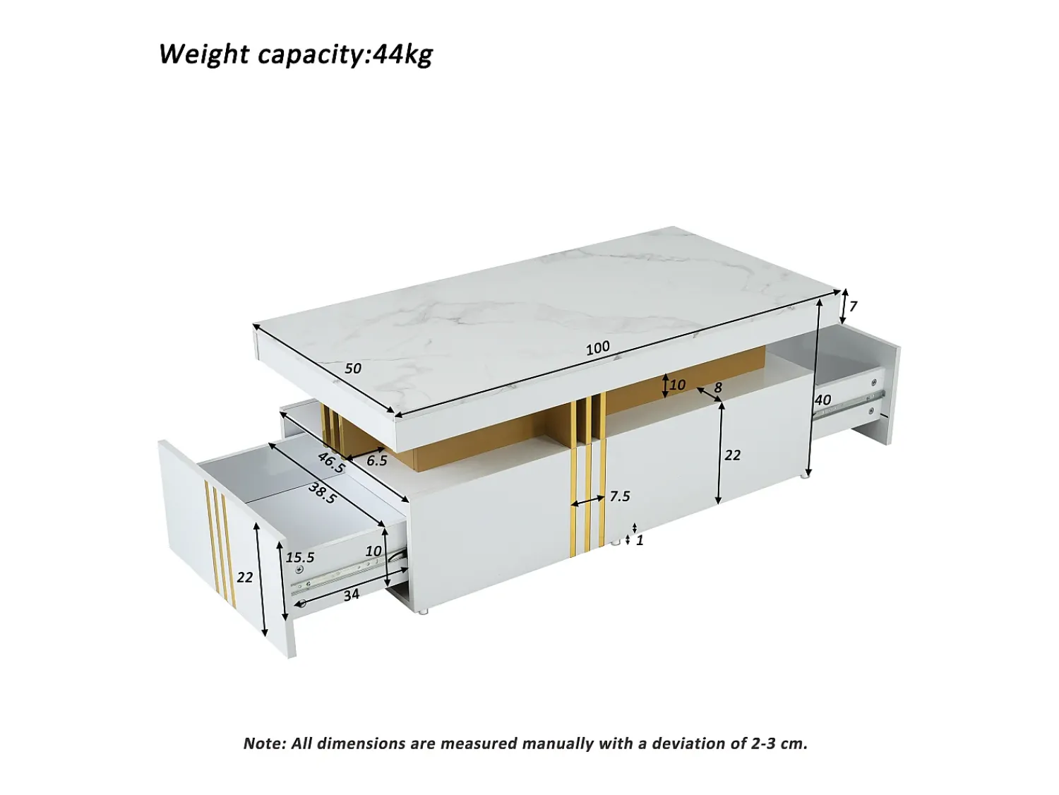 Mesa De Centro|Hauss Spole Mesa de centro moderna com 2 gavetas em folheado de mármore , bordas laterais em metal dourado Branco