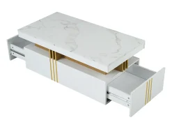 Mesa De Centro|Hauss Spole Mesa de centro moderna com 2 gavetas em folheado de mármore , bordas laterais em metal dourado Branco
