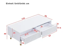Clearance Mesa de centro moderna com LED, tampo ondulado com gaveta, pés de madeira dourada e acabamento . Branco