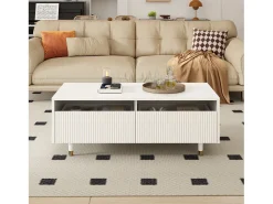 Clearance Mesa de centro moderna com LED, tampo ondulado com gaveta, pés de madeira dourada e acabamento . Branco