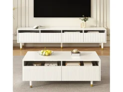 Clearance Mesa de centro moderna com LED, tampo ondulado com gaveta, pés de madeira dourada e acabamento . Branco