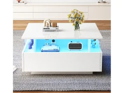 Mesa De Centro|Merax Mesa de centro moderna com 2 gavetas e espaço transparente - 70 x 70 x 41 cm - LEDs - Aglomerado - brilhante Branco