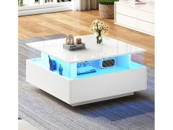 Mesa De Centro|Merax Mesa de centro moderna com 2 gavetas e espaço transparente - 70 x 70 x 41 cm - LEDs - Aglomerado - brilhante Branco