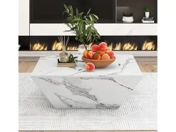 Sale Hauss Spole Mesa de centro moderna com 2 gavetas em folheado de mármore , formato trapezoidal Branco