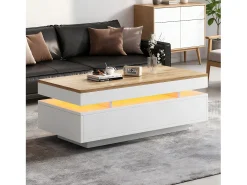 Merax Mesa de centro moderna com acabamento laqueado brilhante - 100 x 50 x 35 cm - com 2 gavetas + LEDs - aglomerado - branco + natural^ Mesa De Centro