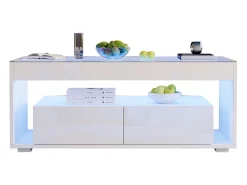 Merax Mesa de centro moderna com LEDs + 2 gavetas - 100 x 50 x 40 cm - mesa de sala de estar em vidro brilhante - aglomerado -^ Mesa De Centro