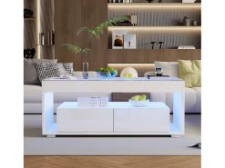 Merax Mesa de centro moderna com LEDs + 2 gavetas - 100 x 50 x 40 cm - mesa de sala de estar em vidro brilhante - aglomerado -^ Mesa De Centro