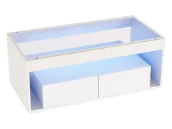 Merax Mesa de centro moderna com LEDs + 2 gavetas - 100 x 50 x 40 cm - mesa de sala de estar em vidro brilhante - aglomerado -^ Mesa De Centro