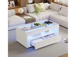 Merax Mesa de centro moderna com LEDs + 2 gavetas - 100 x 50 x 40 cm - mesa de sala de estar em vidro brilhante - aglomerado -^ Mesa De Centro