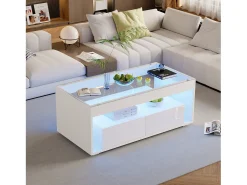 Merax Mesa de centro moderna com LEDs + 2 gavetas - 100 x 50 x 40 cm - mesa de sala de estar em vidro brilhante - aglomerado -^ Mesa De Centro