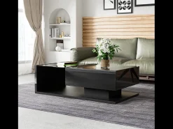 Mesa de centro moderna com LED, estrutura em vidro e madeira, com gaveta grande, para sala de estar, 105 x 55 x 32,5 cm^ Mesa De Centro