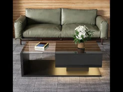 Mesa de centro moderna com LED, estrutura em vidro e madeira, com gaveta grande, para sala de estar, 105 x 55 x 32,5 cm^ Mesa De Centro