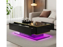 New Merax Mesa de centro moderna com acabamento brilhante - 100 x 50 x 40 cm - com 3 gavetas + LEDs + USB - aglomerado - preta Preto