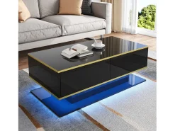 New Merax Mesa de centro moderna com acabamento brilhante - 100 x 50 x 40 cm - com 3 gavetas + LEDs + USB - aglomerado - preta Preto