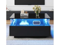 Mesa De Centro|Merax Mesa de centro moderna com 2 gavetas e espaço transparente - 70 x 70 x 41 cm - LEDs - Aglomerado - brilhante Preto