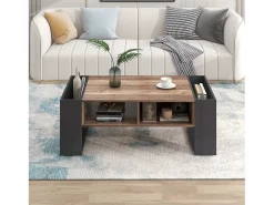 Mesa De Centro|Hauss Spole Mesa de centro moderna com gaveta e compartimentos de armazenamento, madeira natural, cinza- Preto