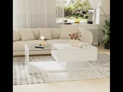 Mesa De Centro| Mesa de centro moderna com LED, em vidro e madeira, com gaveta grande, para sala de estar, 105 x 55 x 32,5 cm Branco