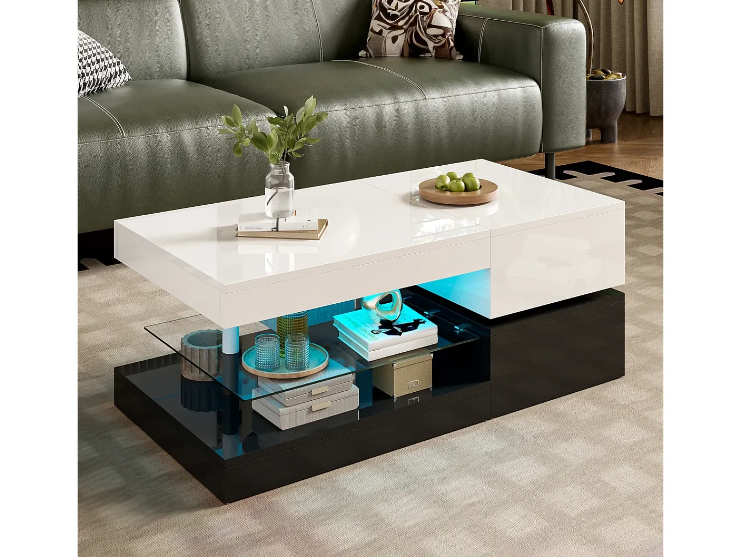 Mesa De Centro* Mesa de centro moderna com iluminação LED, prateleira de vidro e design em preto e . Branco