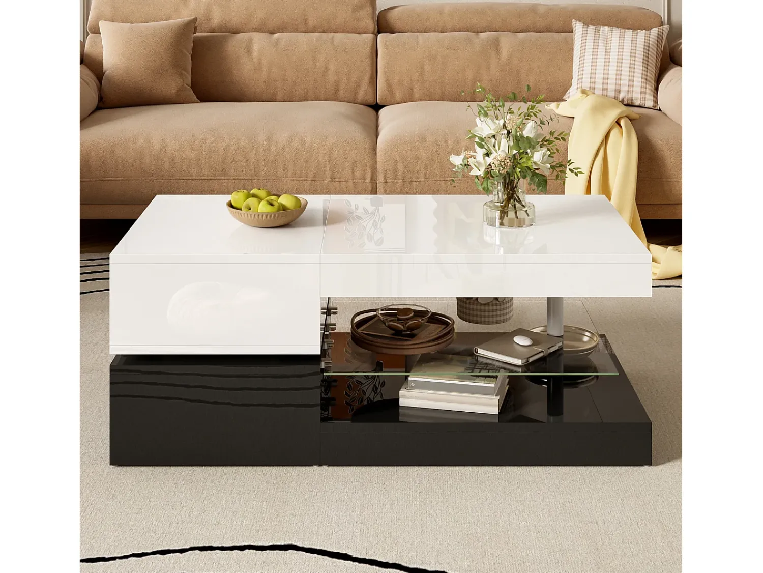 Mesa De Centro* Mesa de centro moderna com iluminação LED, prateleira de vidro e design em preto e . Branco