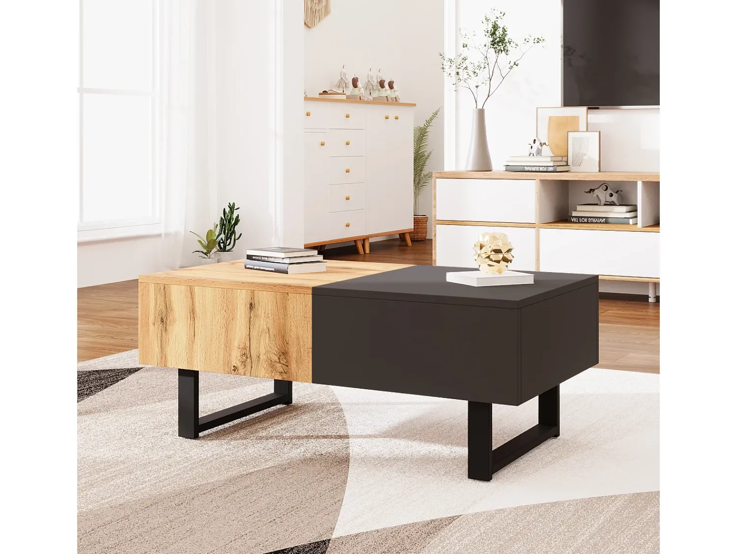 Best Mesa de centro moderna e multifuncional com espaço de armazenamento oculto, estrutura em madeira e metal, preta. Preto
