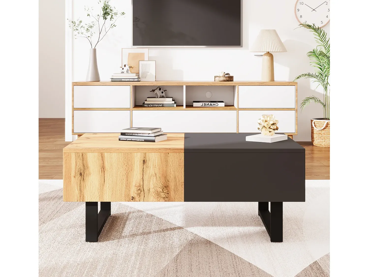 Best Mesa de centro moderna e multifuncional com espaço de armazenamento oculto, estrutura em madeira e metal, preta. Preto