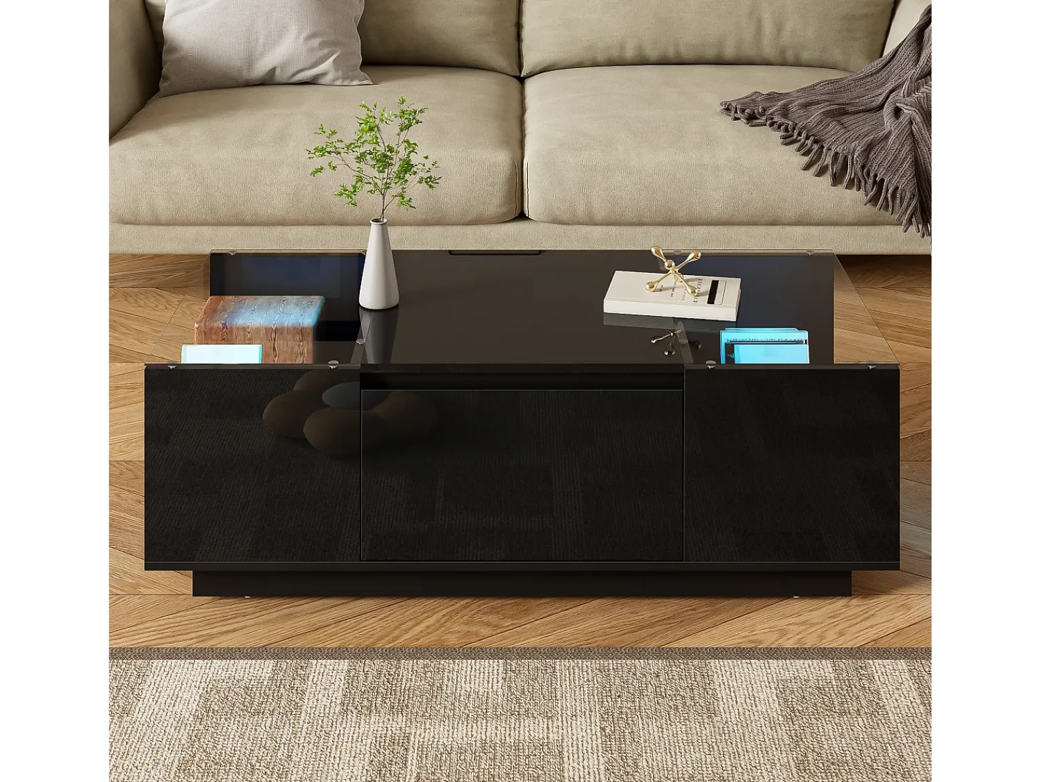 Sale Mesa de centro moderna e minimalista de 105 cm com espaço de armazenamento, iluminação ambiente em LED, preta. Preto