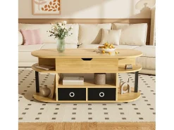 Online Mesa de centro moderna em madeira com tampo elevatório, espaço de armazenamento e 2 gavetas revestidas em tecido preto. Natural claro