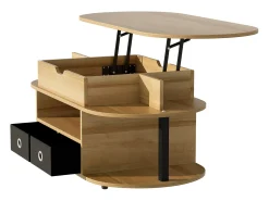 Online Mesa de centro moderna em madeira com tampo elevatório, espaço de armazenamento e 2 gavetas revestidas em tecido preto. Natural claro